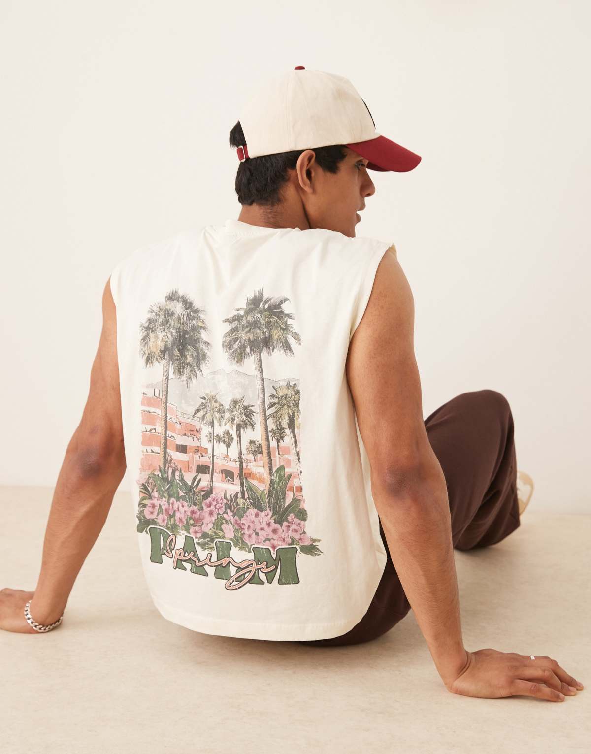 ASOS DESIGN oversized tank with back palm tree print in tofu