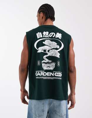 Asos Design Oversized Tank With Bonsai Graphic In Green