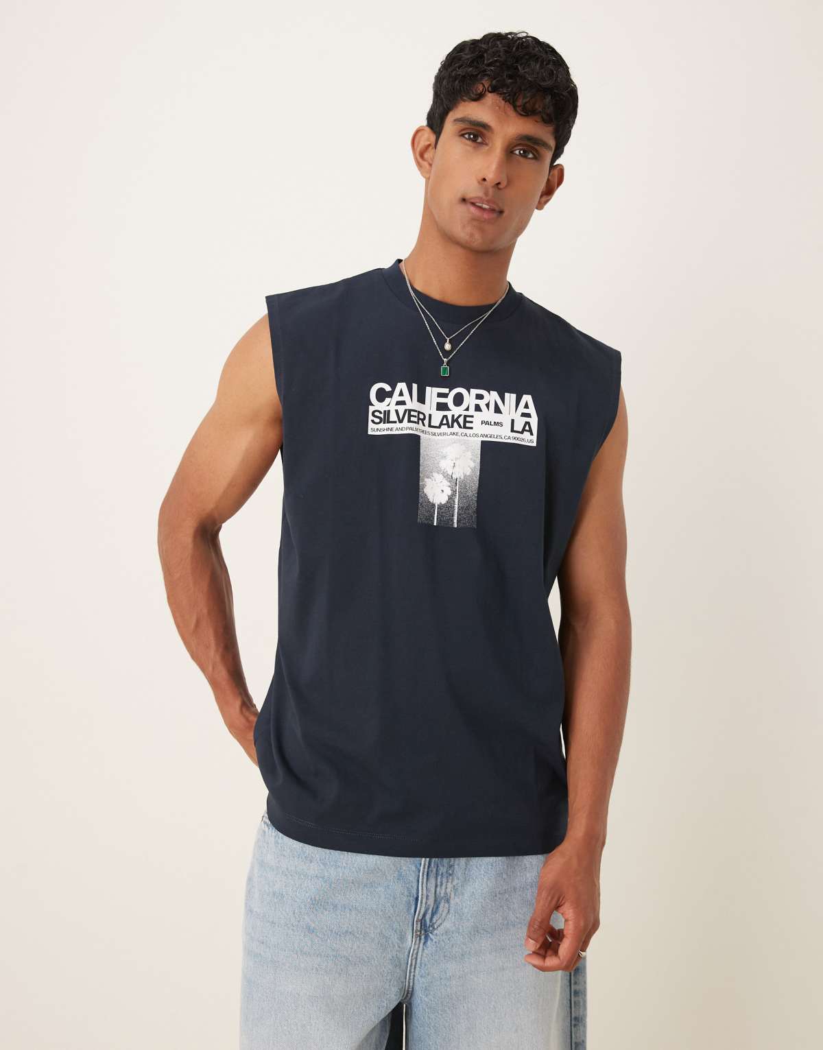 ASOS DESIGN oversized tank with California flower graphic in navy