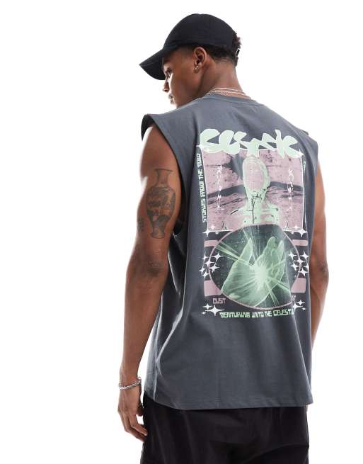 FhyzicsShops DESIGN oversized tank with celestial back print in washed charcoal