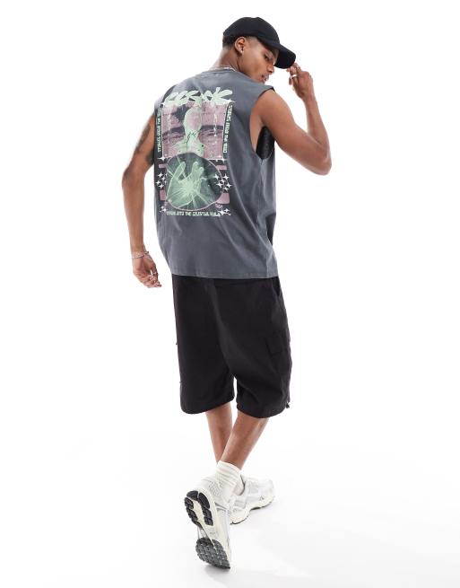 ASOS DESIGN oversized tank with celestial back print in washed charcoal, 4 of 4