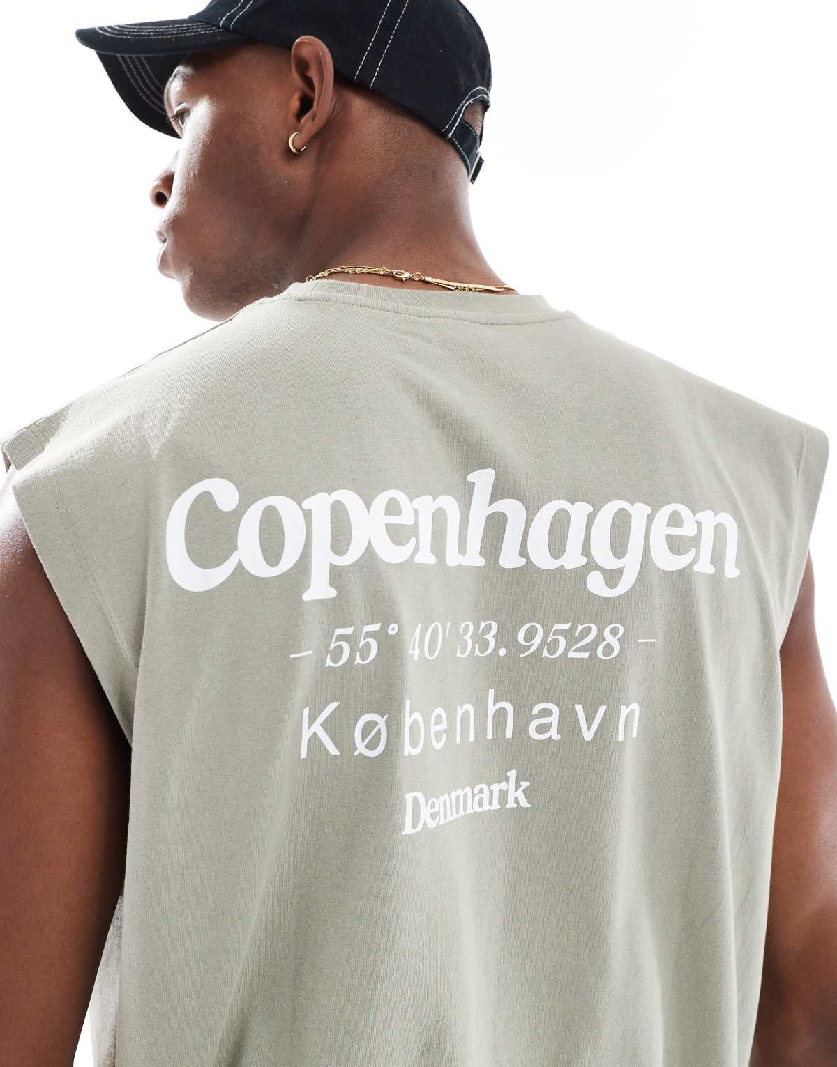 ASOS DESIGN oversized tank with Copenhagen text graphic in grey green