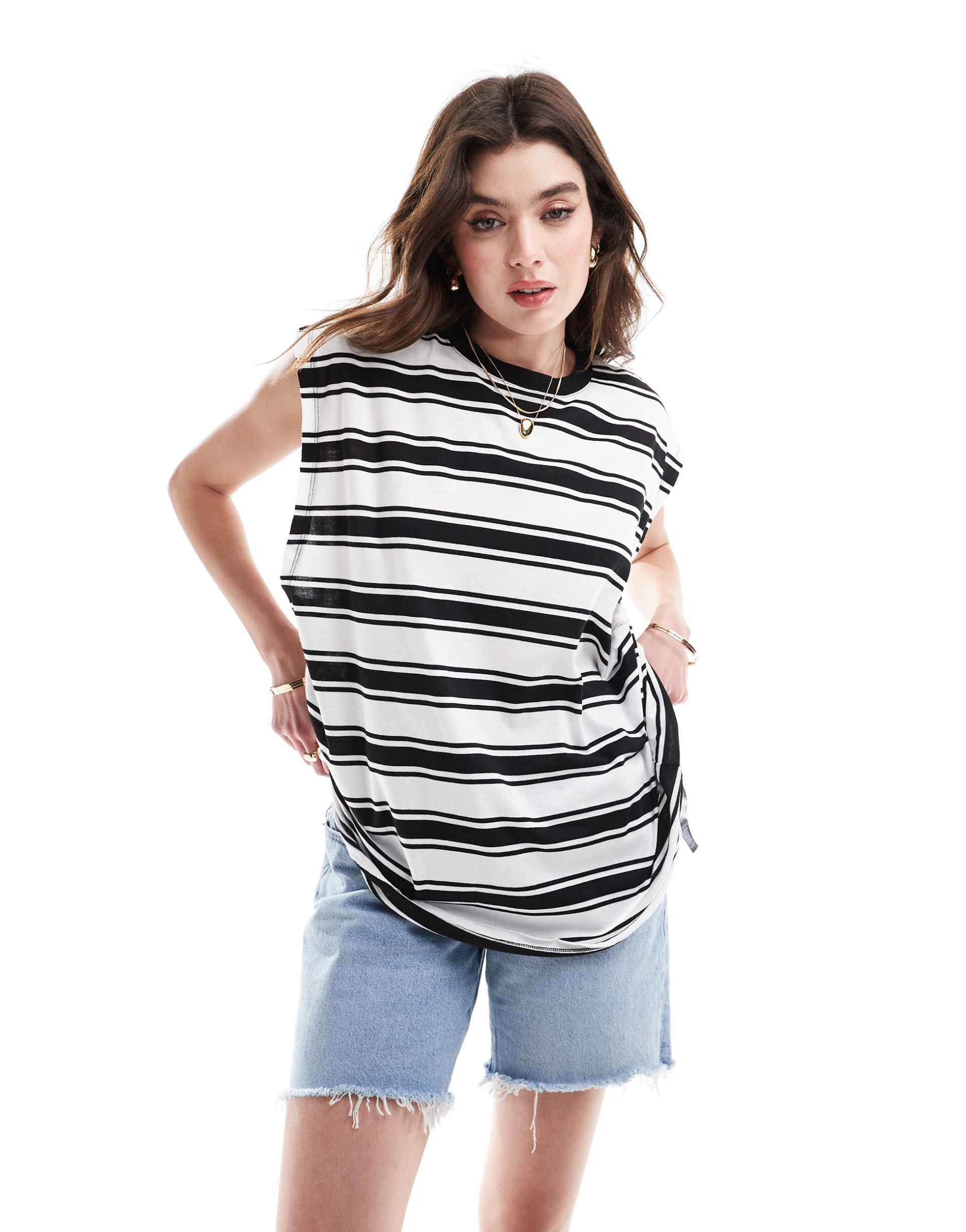 asos design oversized tank with drop arm hole in mono stripe