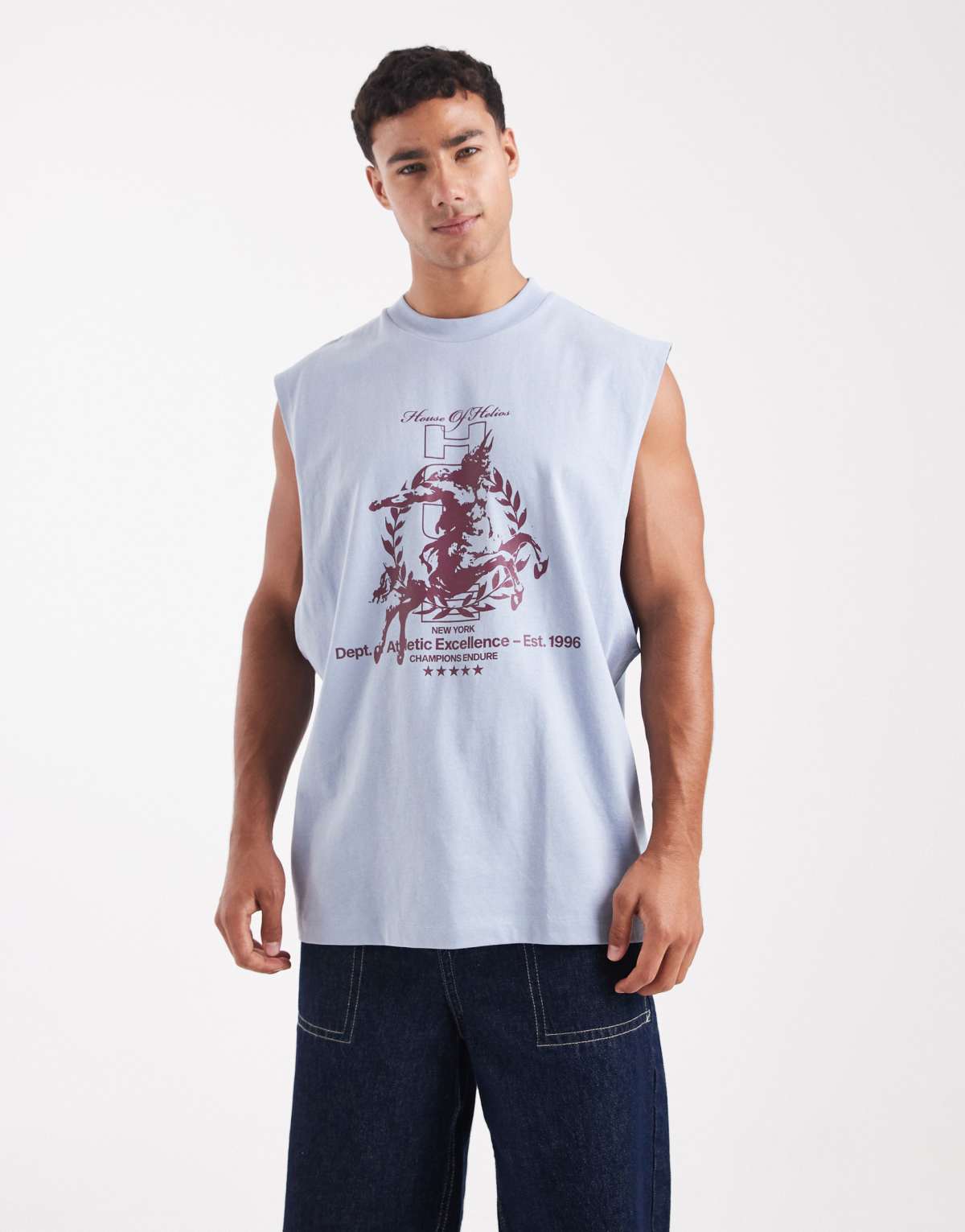 ASOS DESIGN oversized tank with dropped armhole and street graphic in light blue