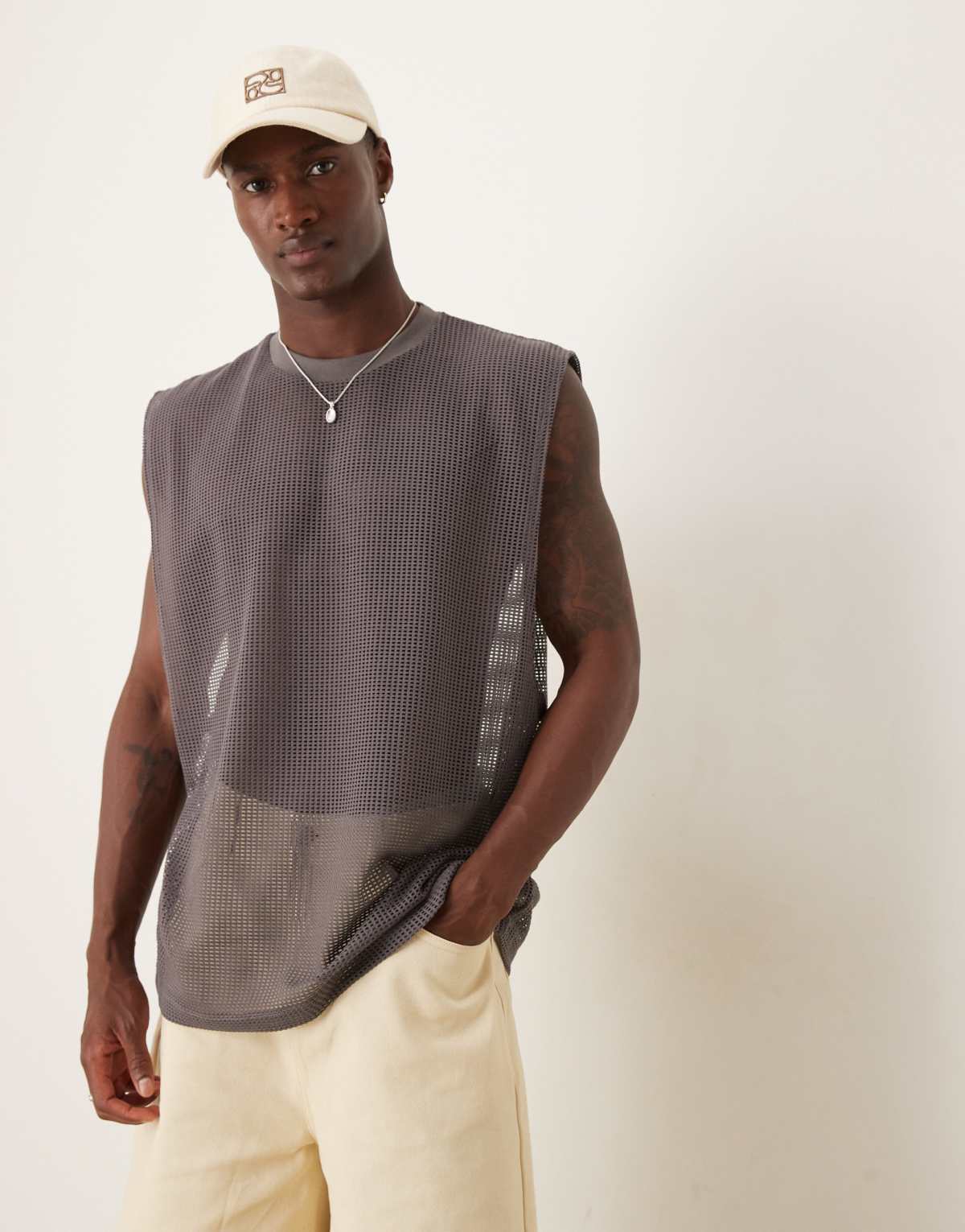 ASOS DESIGN oversized tank with dropped armhole in charcoal open mesh