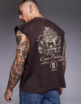 Asos Design Oversized Tank With Front And Back Print In Brown