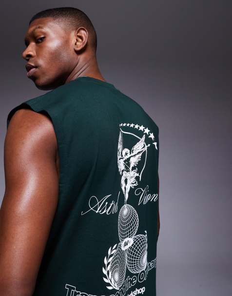 ASOS DESIGN oversized tank with front and back print in dark green - view 1