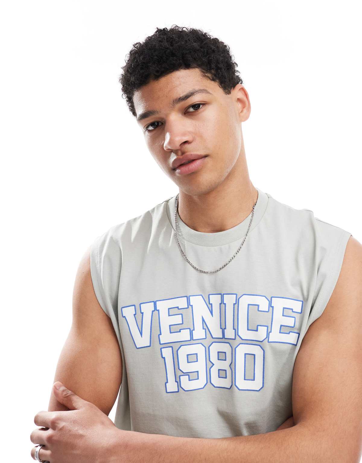 ASOS DESIGN oversized tank with front city graphic in light grey