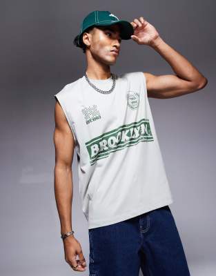 Asos Design Oversized Tank With Front City Print In Gray