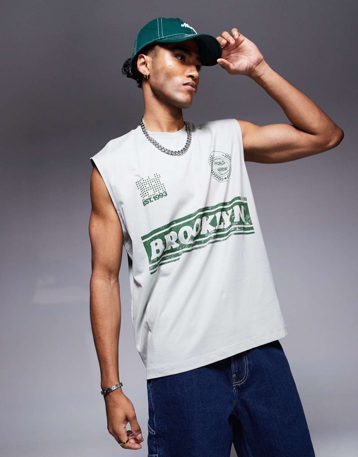 ASOS DESIGN oversized tank with front city print in light grey
