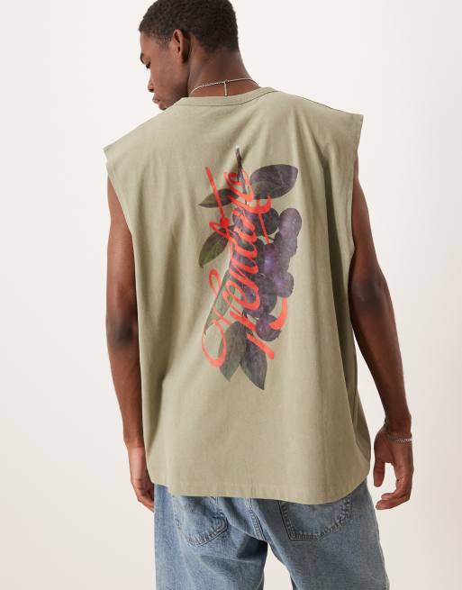 ASOS DESIGN oversized tank with fruit graphic in heavyweight 220gsm washed khaki