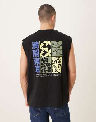 Asos Design Oversized Tank With Grid Floral Graphic In Black