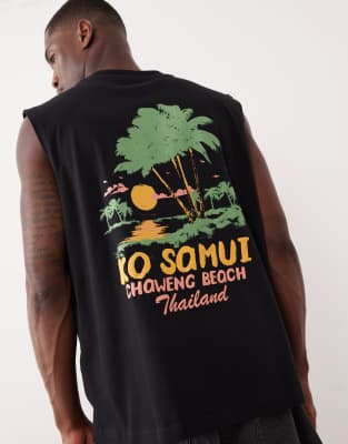 Asos Design Oversized Tank With Island Back Graphic In Black
