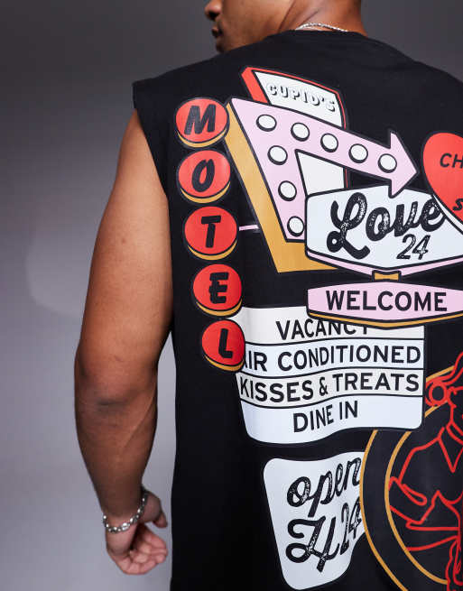 ASOS DESIGN oversized tank with motel graphic in black