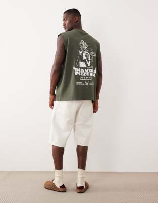 Asos Design Oversized Tank With Pizza Graphic In Green