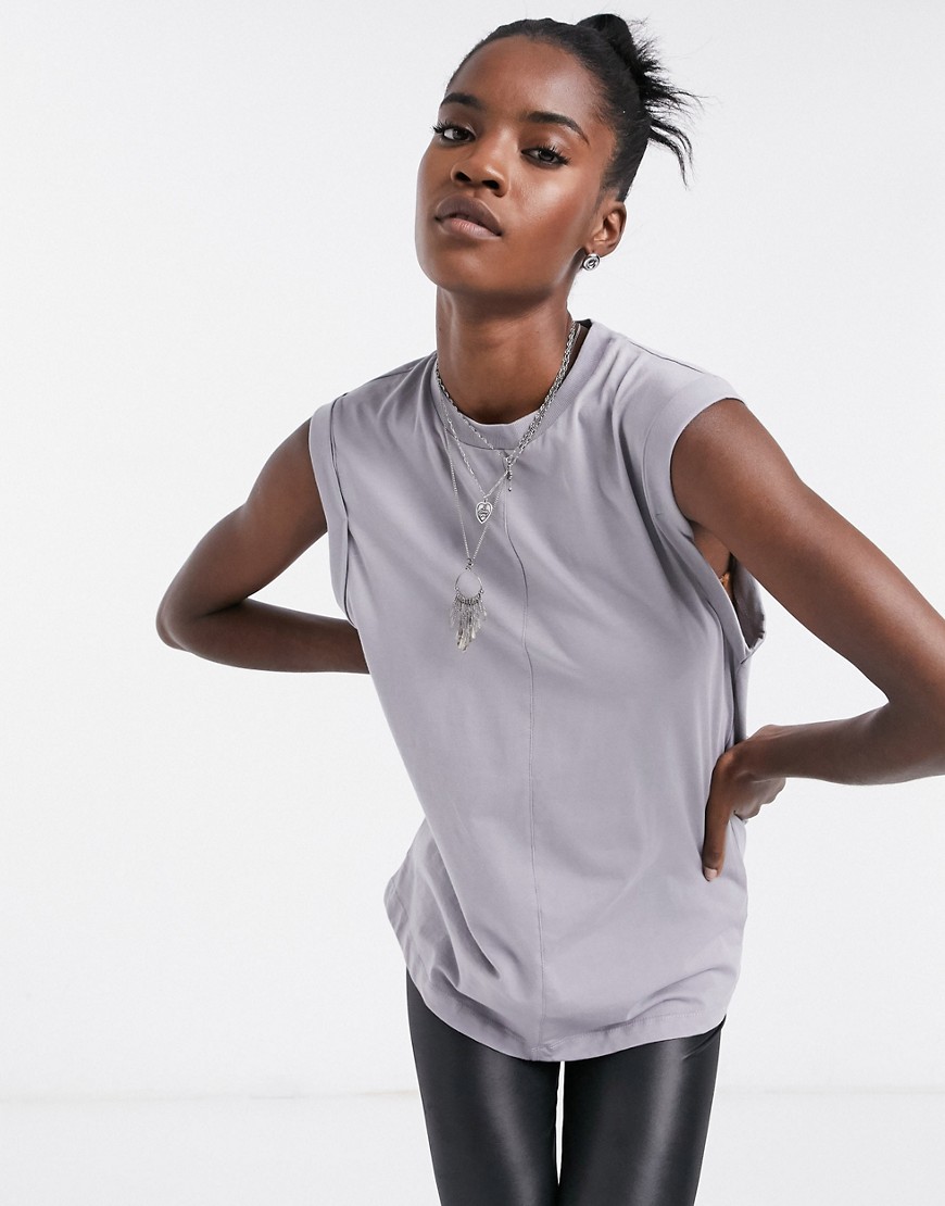 Asos Design Oversized Tank With Roll Sleeve And Seam Detail In Soft Gray-grey