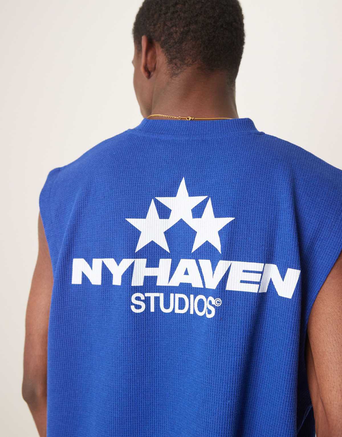 ASOS DESIGN oversized tank with sports graphic in blue waffle