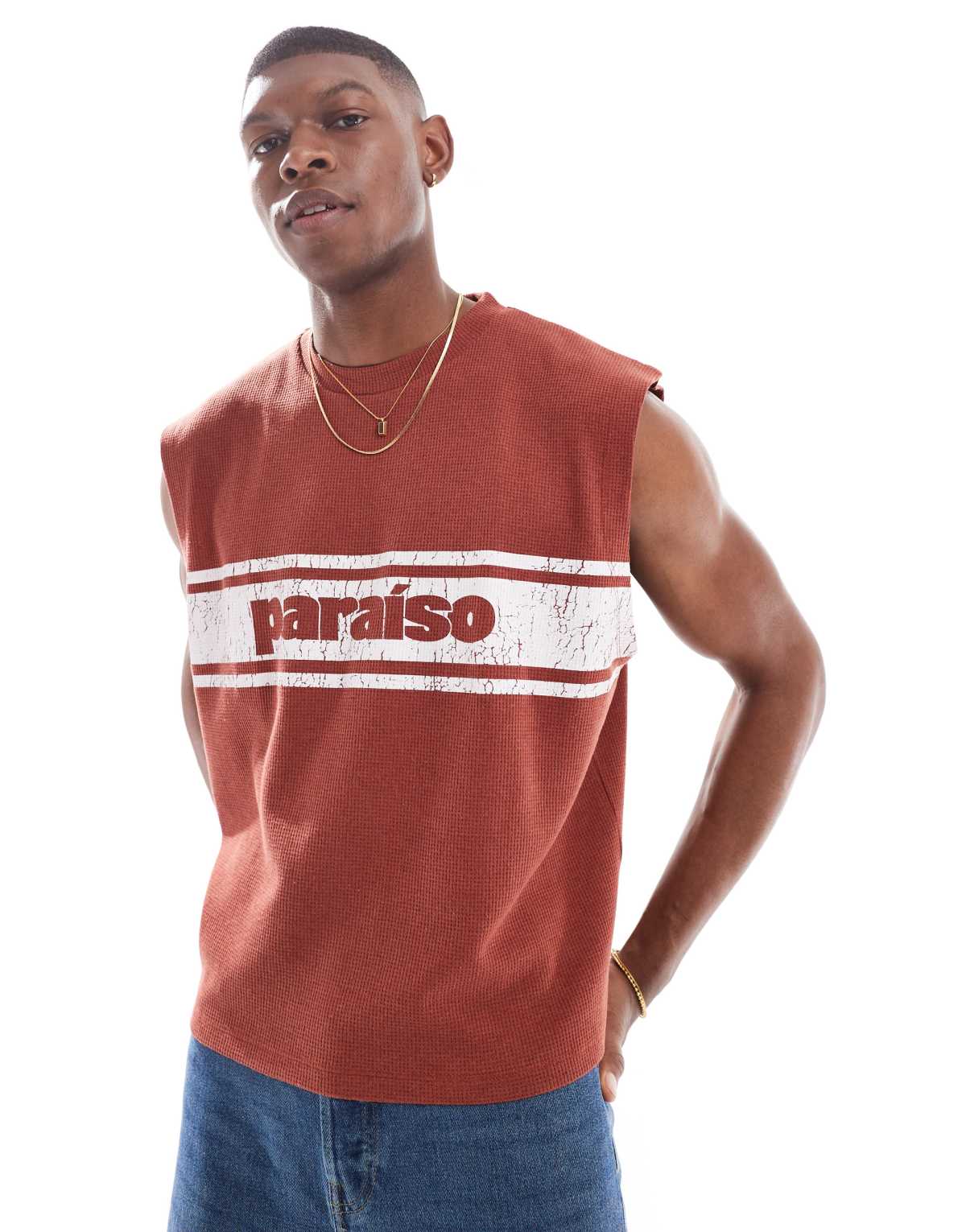 ASOS DESIGN oversized tank with sports graphic in red waffle