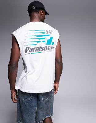 Asos Design Oversized Tank With Sports Graphic In White
