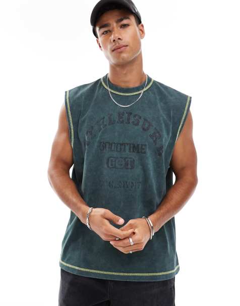 ASOS DESIGN oversized tank with sports text graphic in heavyweight 220gsm washed green - view 1