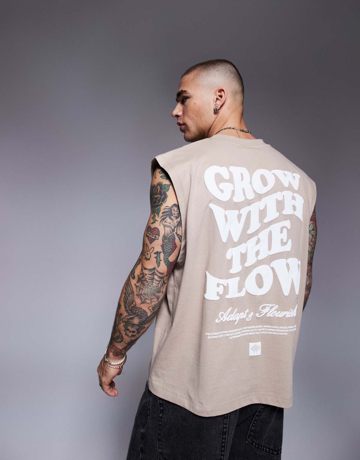ASOS DESIGN oversized tank with text graphic in beige