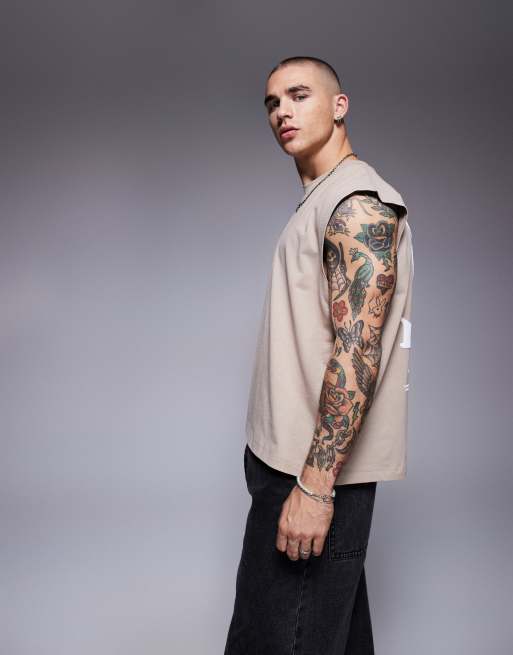 ASOS DESIGN oversized tank with text graphic in beige