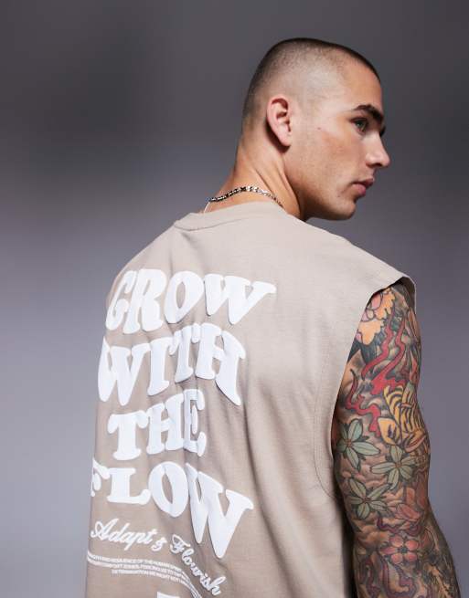 ASOS DESIGN oversized tank with text graphic in beige
