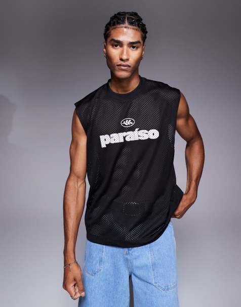 ASOS DESIGN oversized tank with text graphic in black airtex