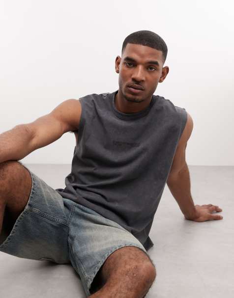 ASOS DESIGN oversized tank with text graphic in charcoal wash