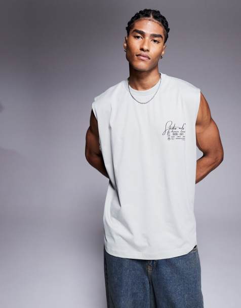 ASOS DESIGN oversized tank with text print in light gray - view 1