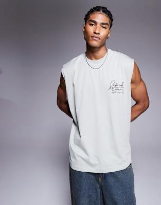 [ASOS DESIGN] ASOS DESIGN oversized tank with text print in light grey S Belgian block