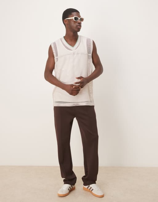 ASOS DESIGN oversized tank with v-neck in stone open mesh , 3 of 4