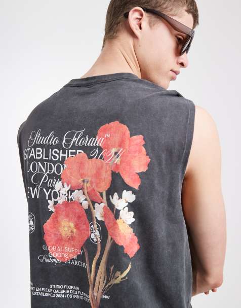 ASOS DESIGN - Oversized tanktop met grafische bloemenprint in antracietgrijs met wassing - view 1