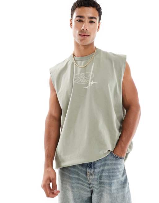 ASOS DESIGN - Oversized tanktop met grafische motor-print in kaki met wassing , 4 van 4