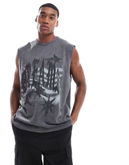 ASOS DESIGN - Oversized tanktop van 220g/m² zware stof met grunge-print op de voorkant in zwart met wassing 