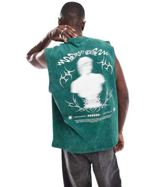 ASOS DESIGN - Oversized tanktop van 220g/m² zware stof met renaissance print op de achterkant in groen met wassing