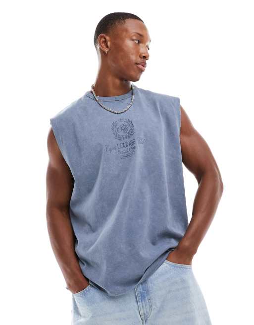 ASOS DESIGN - Oversized tanktop van 220g/m² zware stof met sportprint op de borst in blauw met wassing