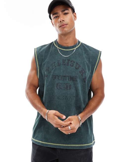 ASOS DESIGN - Oversized tanktop van 220gsm zware stof met sportieve tekstprint in groen met wassing