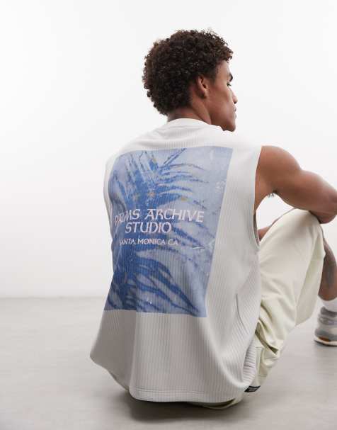 ASOS DESIGN - Oversized tanktop van zware geribbelde stof met palmprint in grijs, deel van co-ord set - view 1