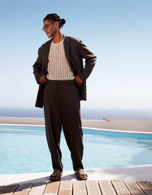 ASOS DESIGN oversized tapered beach suit pants in gray