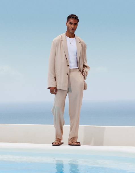 ASOS DESIGN oversized tapered beach suit pants in stone - view 1