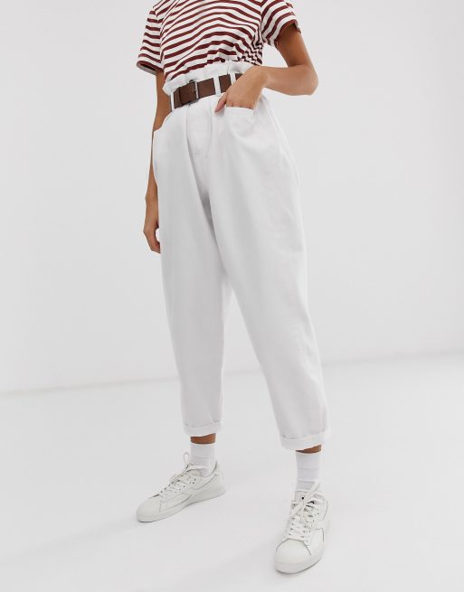 ASOS DESIGN Oversized tapered boyfriend jeans with curved seams in optic white with belted paper bag waist detail