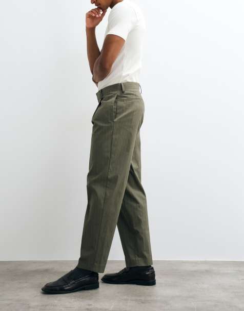 ASOS DESIGN oversized tapered broek van katoenmix in kaki visgraat - view 1