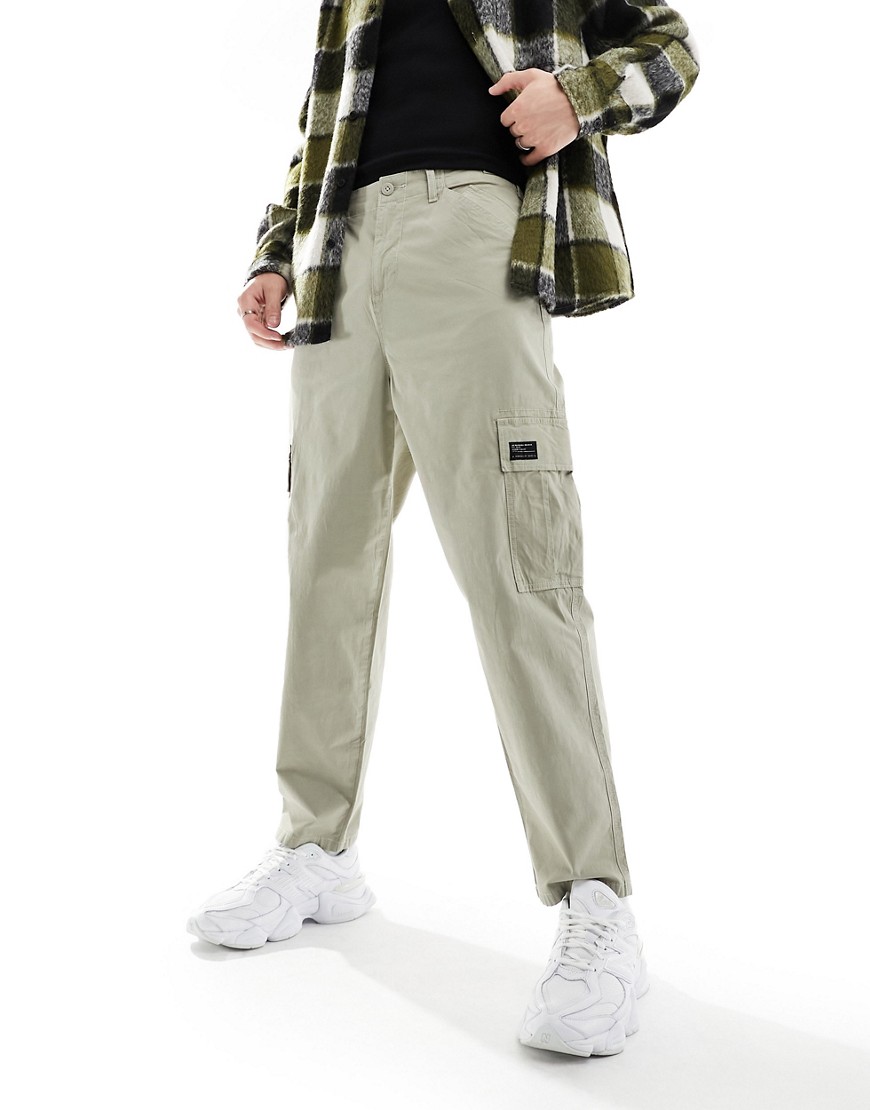 Asos Design Oversized Tapered Cargo Pants In Stone With Patch-neutral