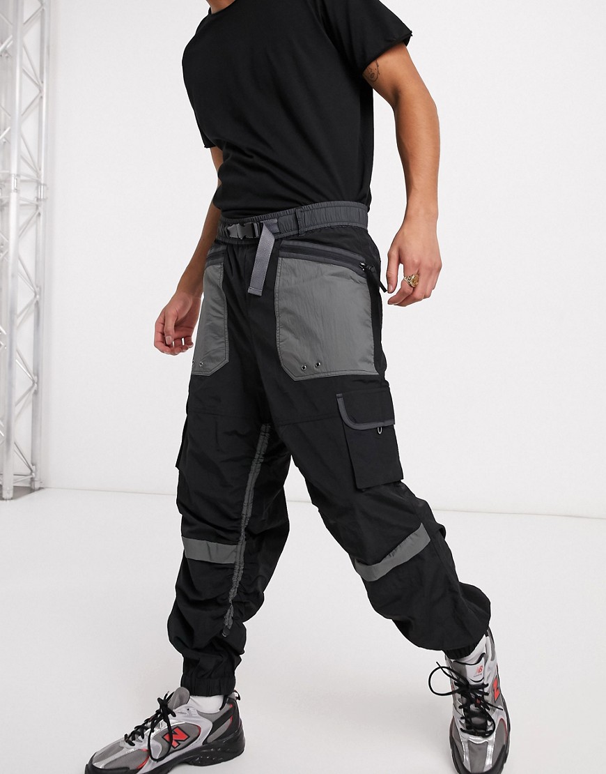 ASOS DESIGN oversized tapered cargo pants with rouched leg-Black