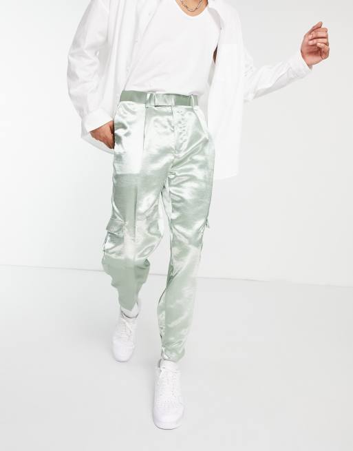 ASOS DESIGN oversized tapered cargo smart pant in mint green sateen, 4 of 4