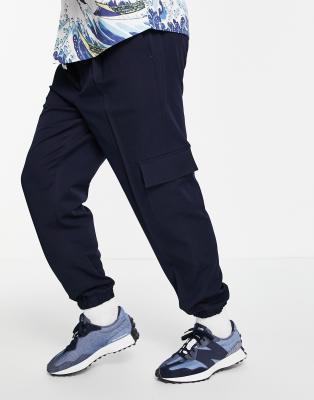 Asos Design Oversized Tapered Cargo Smart Sweatpants In Navy