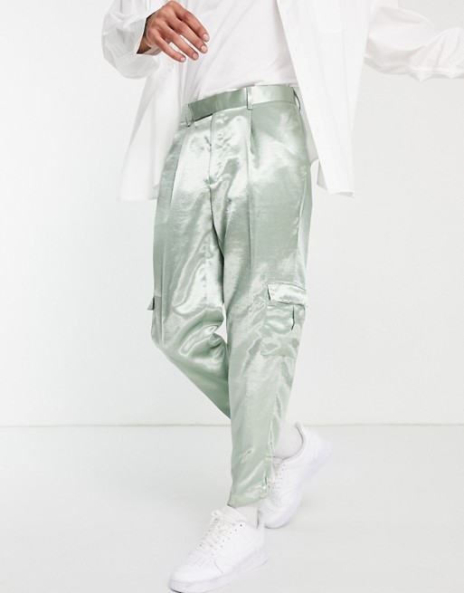 ASOS DESIGN oversized tapered cargo smart trouser in mint green sateen