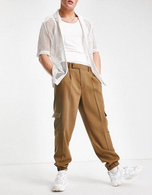 ASOS DESIGN oversized tapered cargo smart trousers in tan crepe