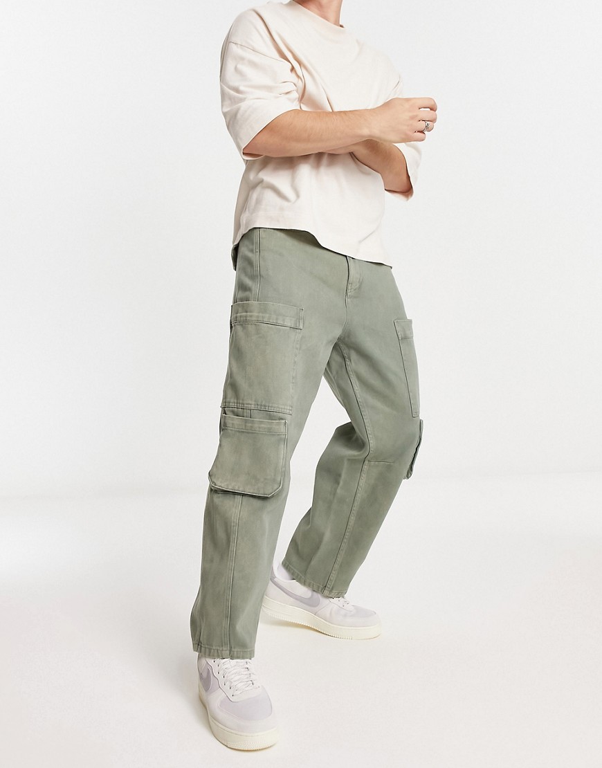 Asos Design Oversized Tapered Cargo Trousers In Washed Green